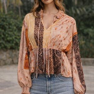 Boho Patchwork bohemian Blouse in Peach & Brown Zara vintage puff Chloe shirt s